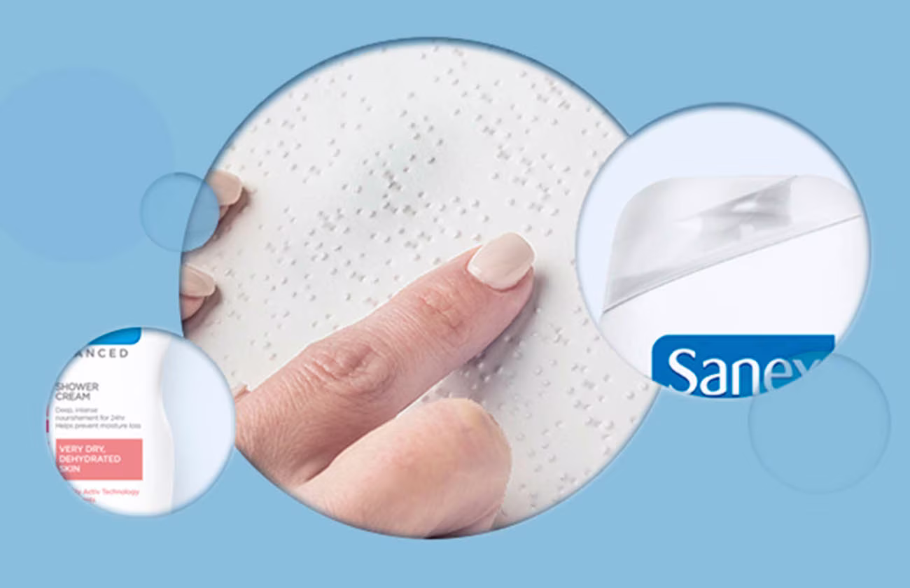 Een collage met in het midden een close-up van een vinger die een oppervlak met braille aanraakt. Aan de zijkanten zijn details van Sanex-producten te zien.